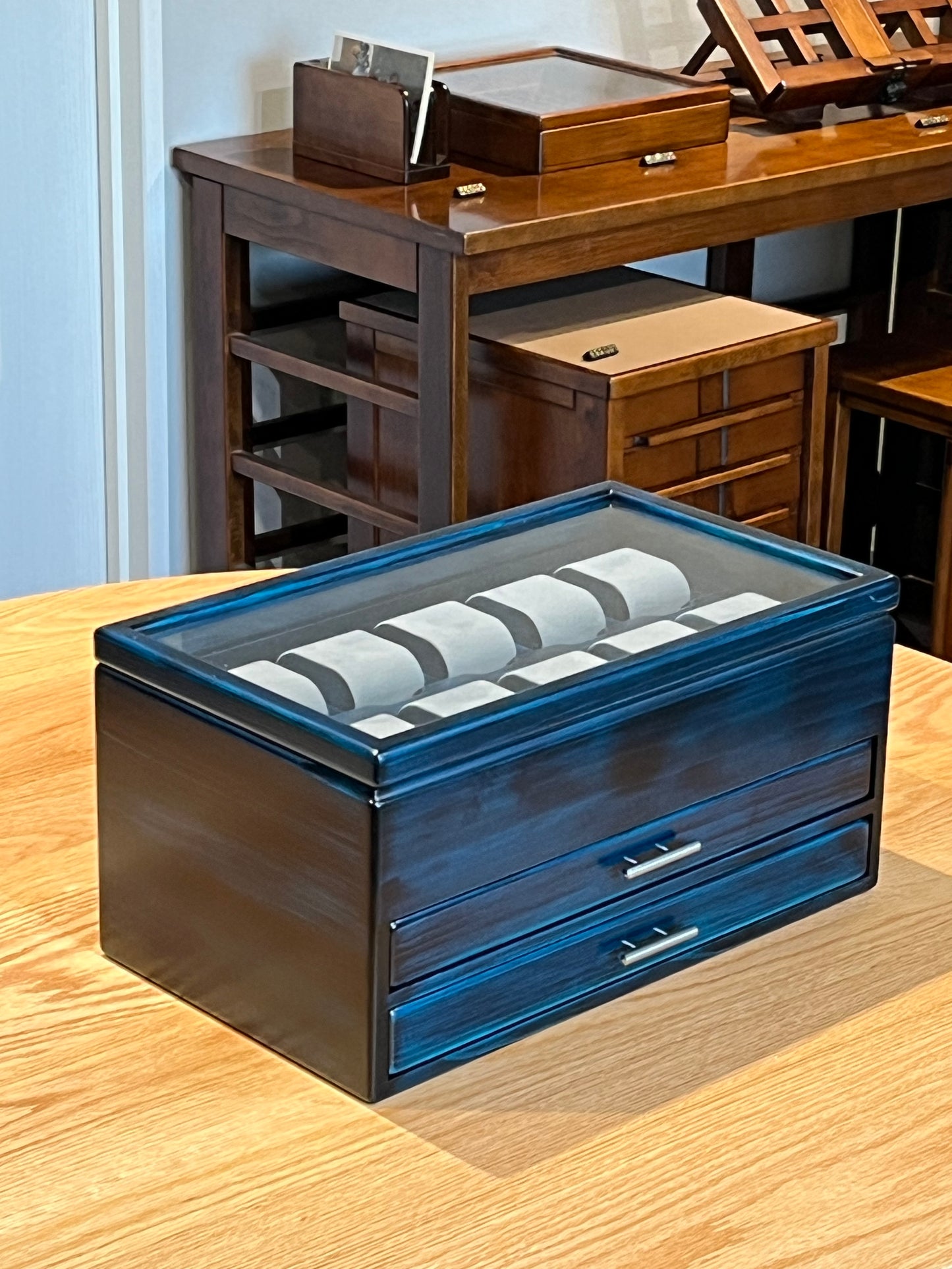 BL172 Hinoki Blue Watch Box 10 with Two drawers