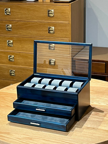 BL172 Hinoki Blue Watch Box 10 with Two drawers